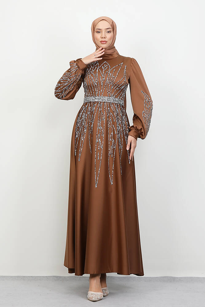 İkbal Taşlı Saten Abiye Taba 