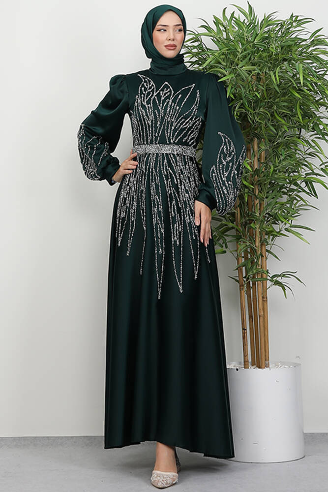 İkbal Taşlı Saten Abiye Zümrüt - LAMİAGİYİM