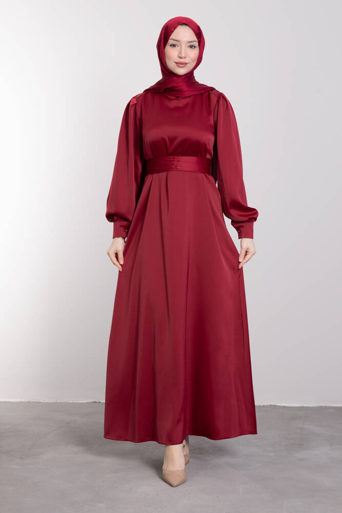 Kemerli Saten Elbise Bordo - LAMİAGİYİM
