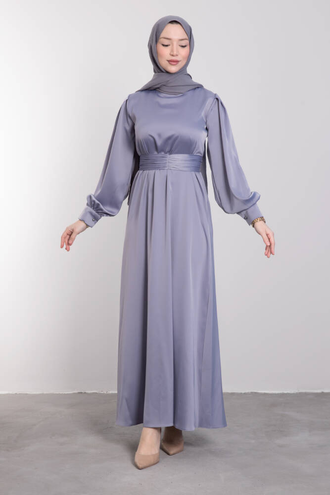 Kemerli Saten Elbise Gri - LAMİAGİYİM