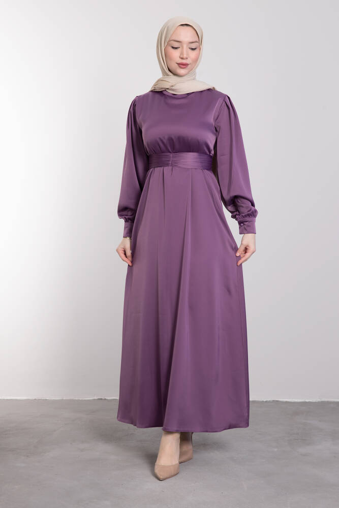 Kemerli Saten Elbise Koyu Lila - LAMİAGİYİM