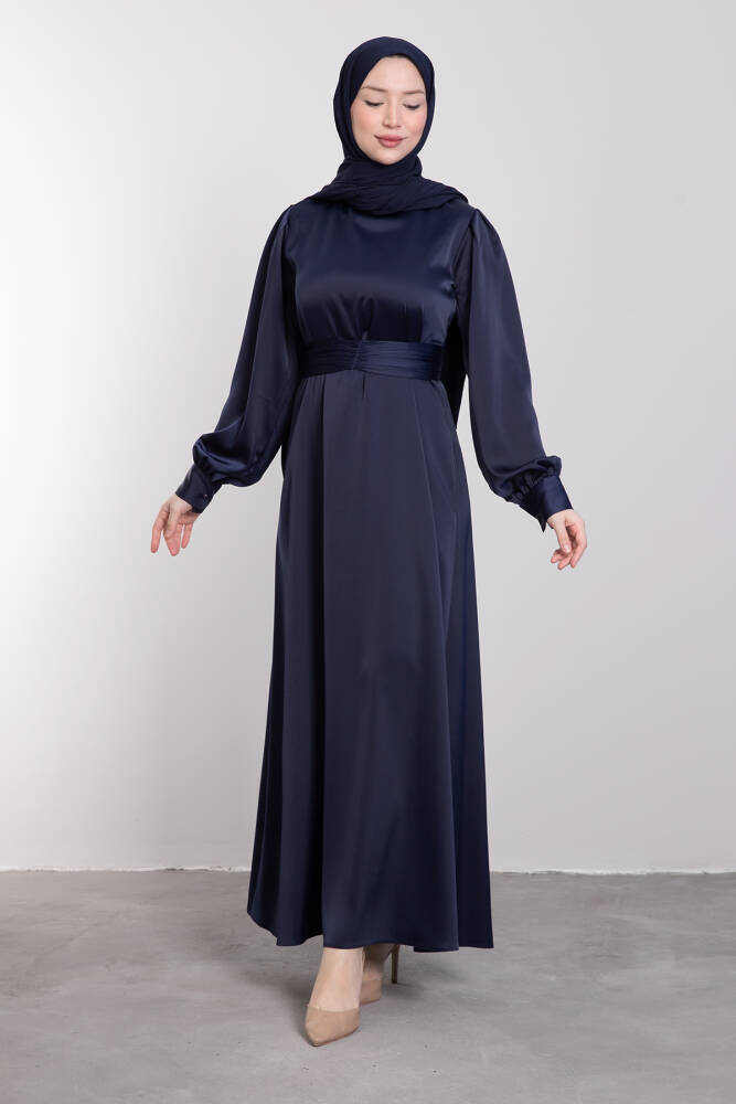 Kemerli Saten Elbise Lacivert - LAMİAGİYİM
