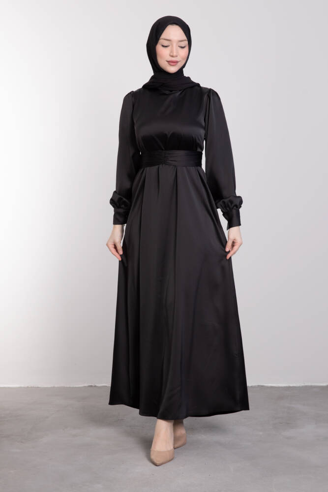 Kemerli Saten Elbise Siyah - LAMİAGİYİM