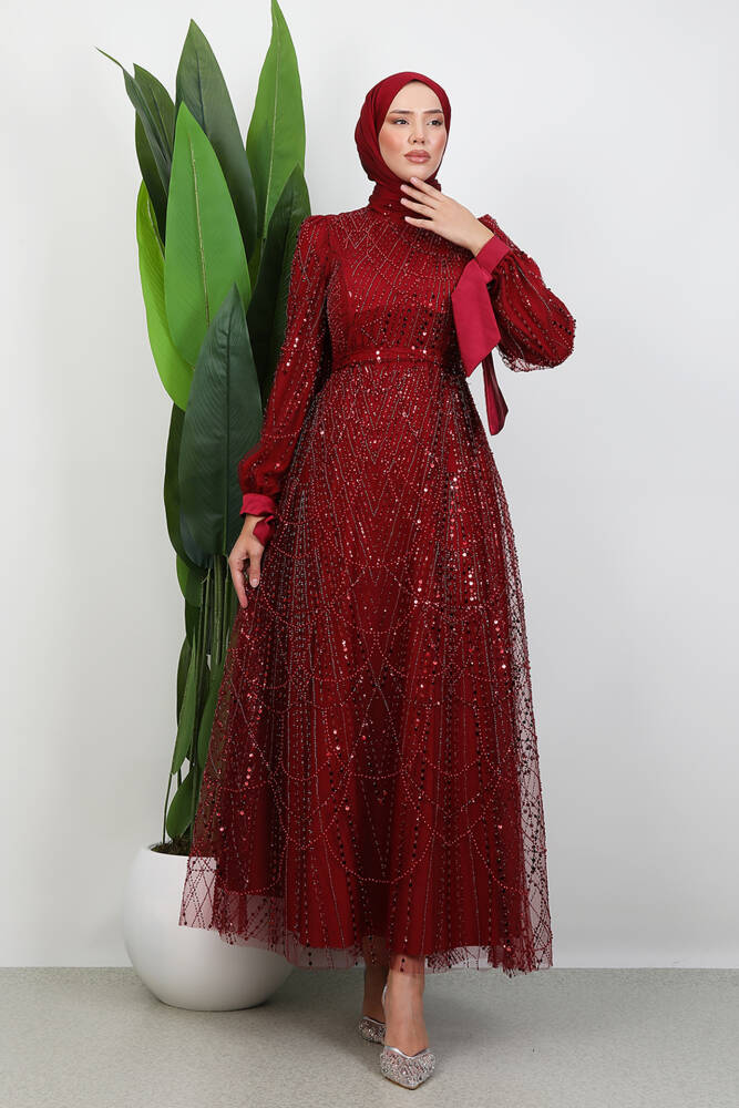 Kol Ucu Saten Abiye Bordo 