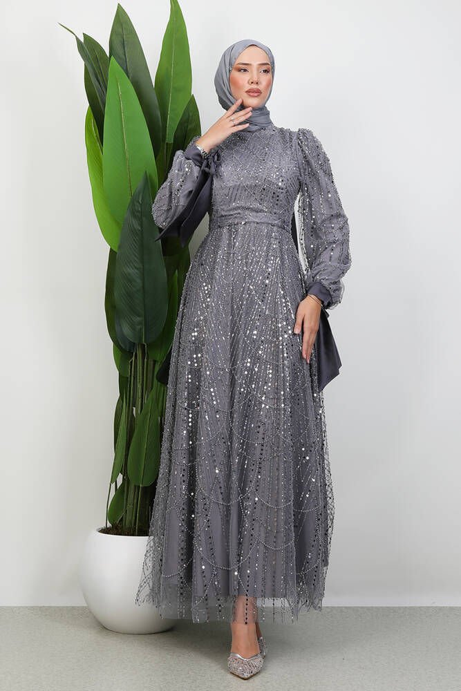 Kol Ucu Saten Abiye Gri 