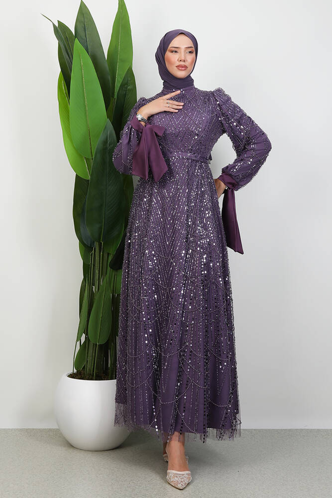 Kol Ucu Saten Abiye Koyu Lila 