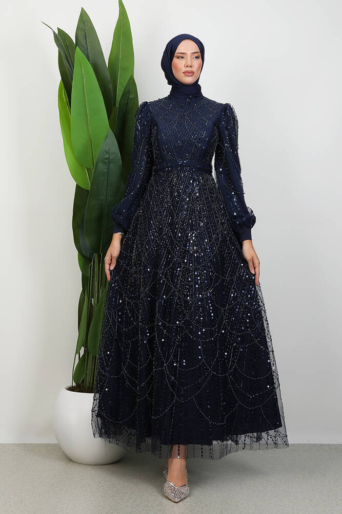 Kol Ucu Saten Abiye Lacivert 