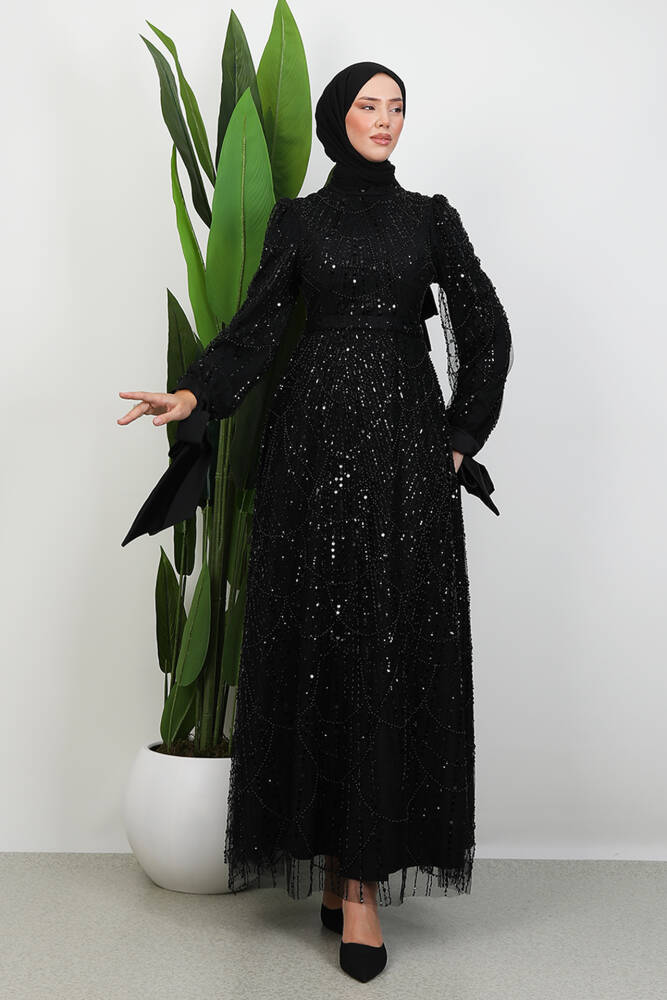 Kol Ucu Saten Abiye Siyah 