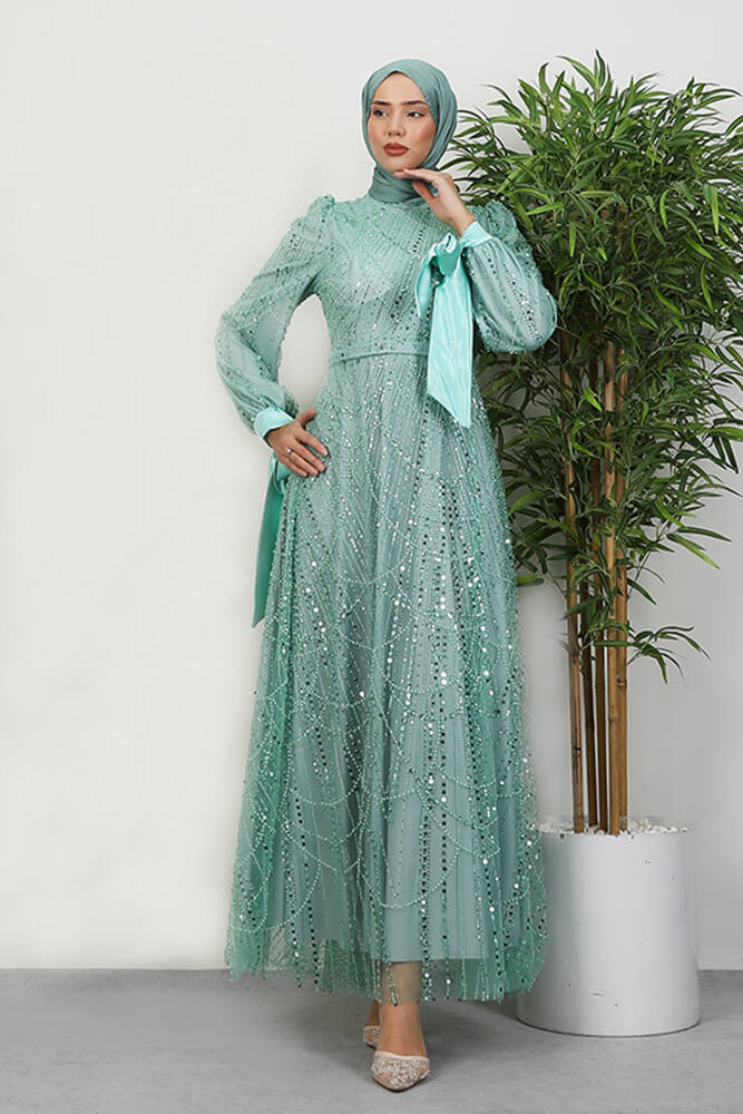 Kol Ucu Saten Abiye Su Yeşil - LAMİAGİYİM