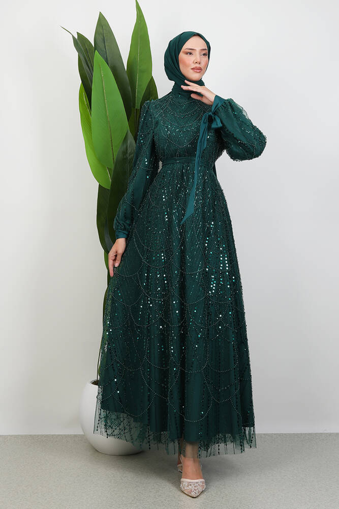 Kol Ucu Saten Abiye Zümrüt 