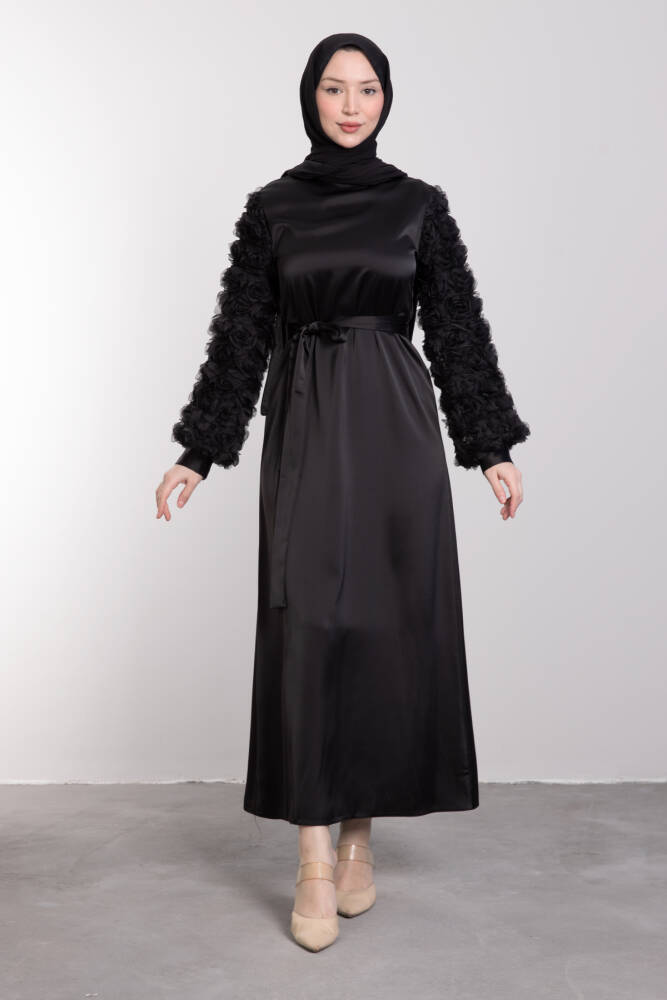 Kolları Full Gül İşlemeli Abiye Siyah - LAMİAGİYİM