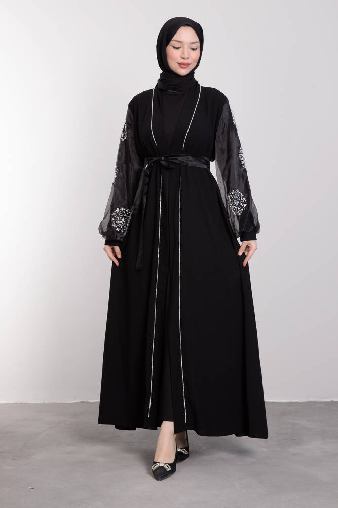 Kolları Organze Detaylı Abaya Siyah - LAMİAGİYİM