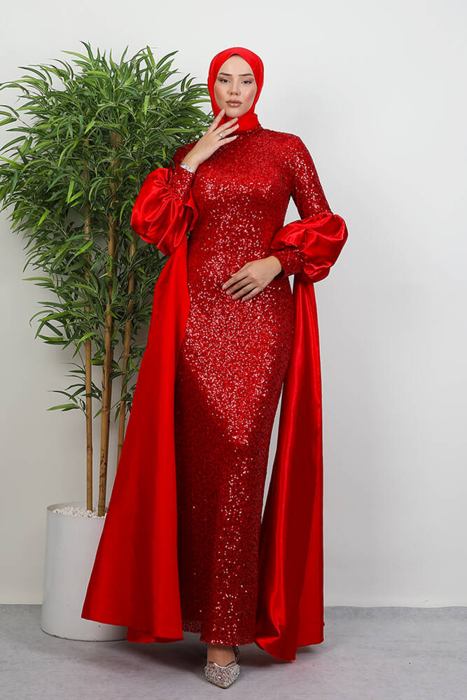 Kolu Pelerin Payet Abiye Kırmızı - LAMİAGİYİM