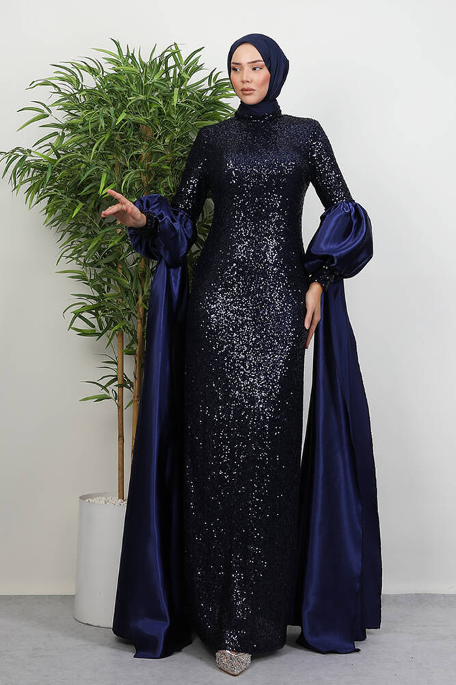 Kolu Pelerin Payet Abiye Lacivert - LAMİAGİYİM