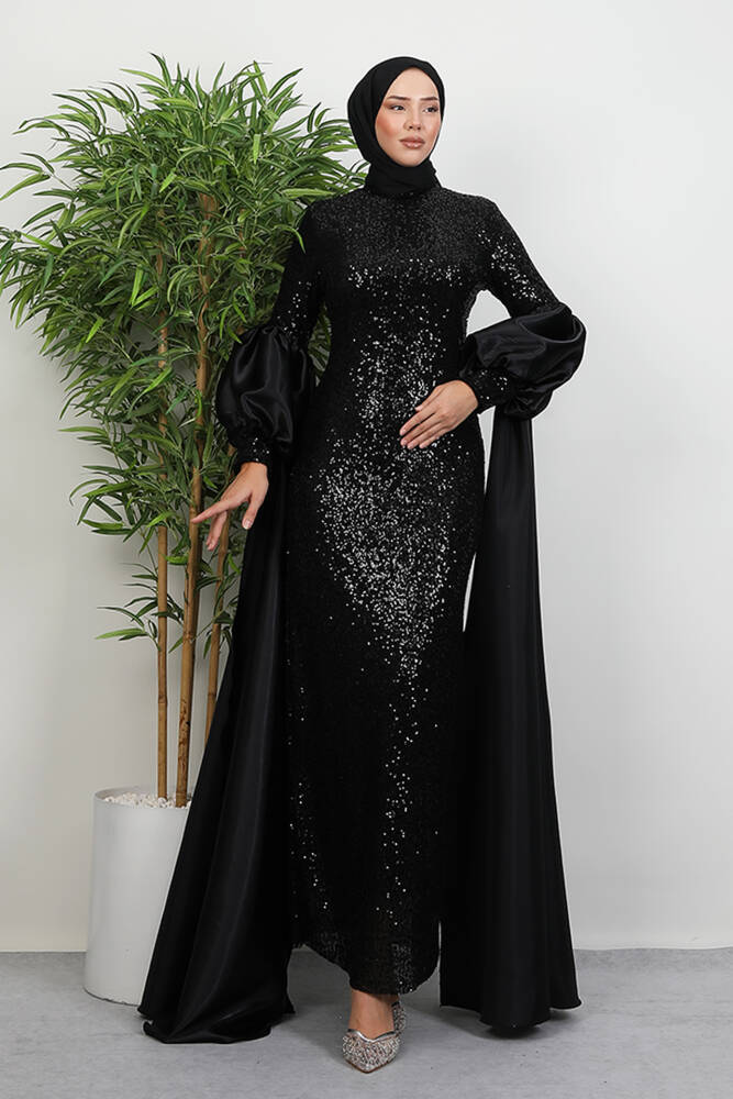 Kolu Pelerin Payet Abiye Siyah - LAMİAGİYİM