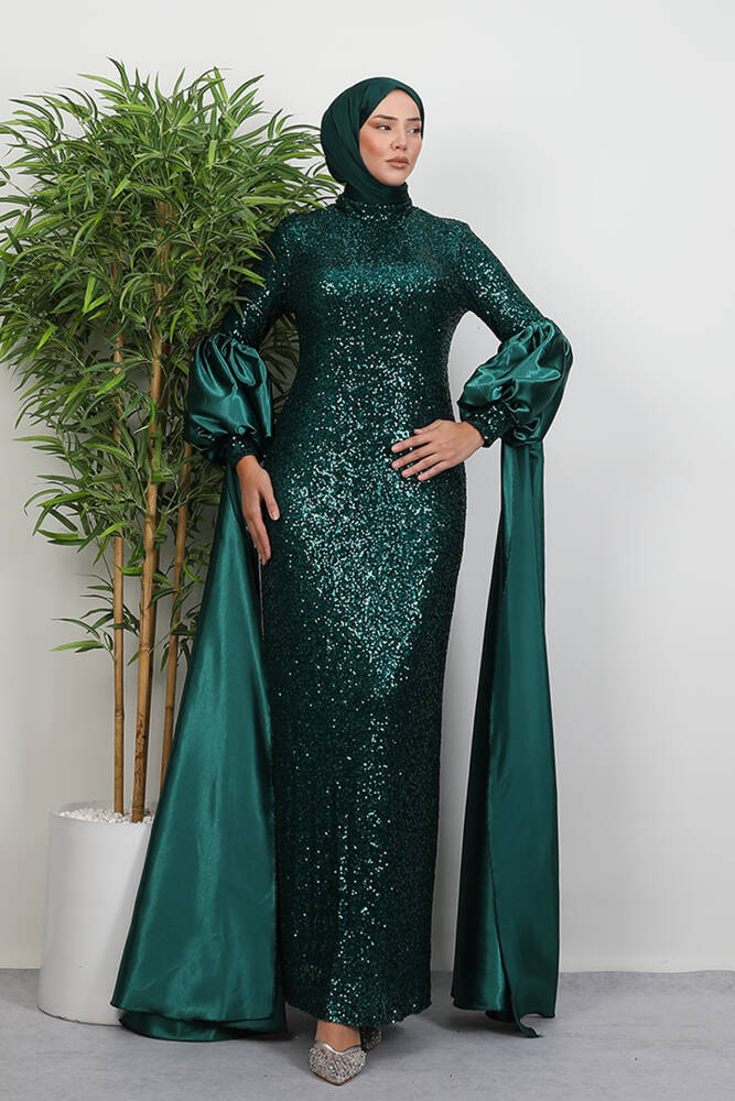 Kolu Pelerin Payet Abiye Zümrüt - LAMİAGİYİM