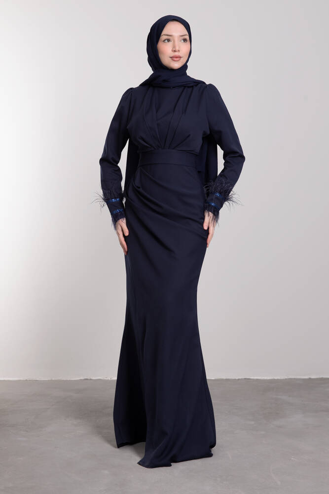 Kolu Tüylü Pile Detay Elbise Lacivert - LAMİAGİYİM