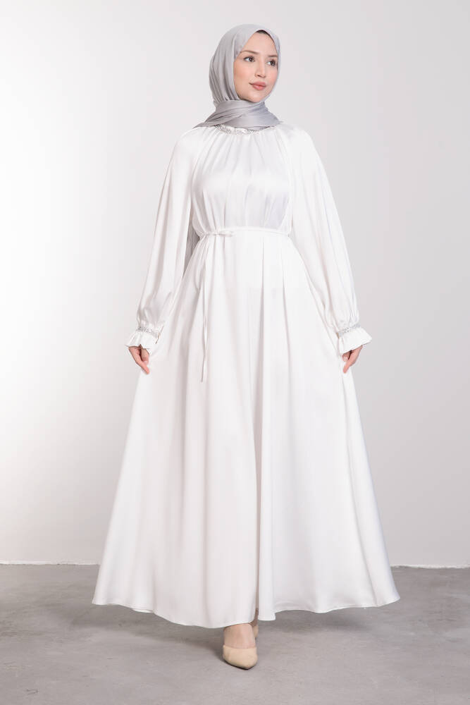 Kristal Taş İşlemeli Elbise Beyaz - LAMİAGİYİM