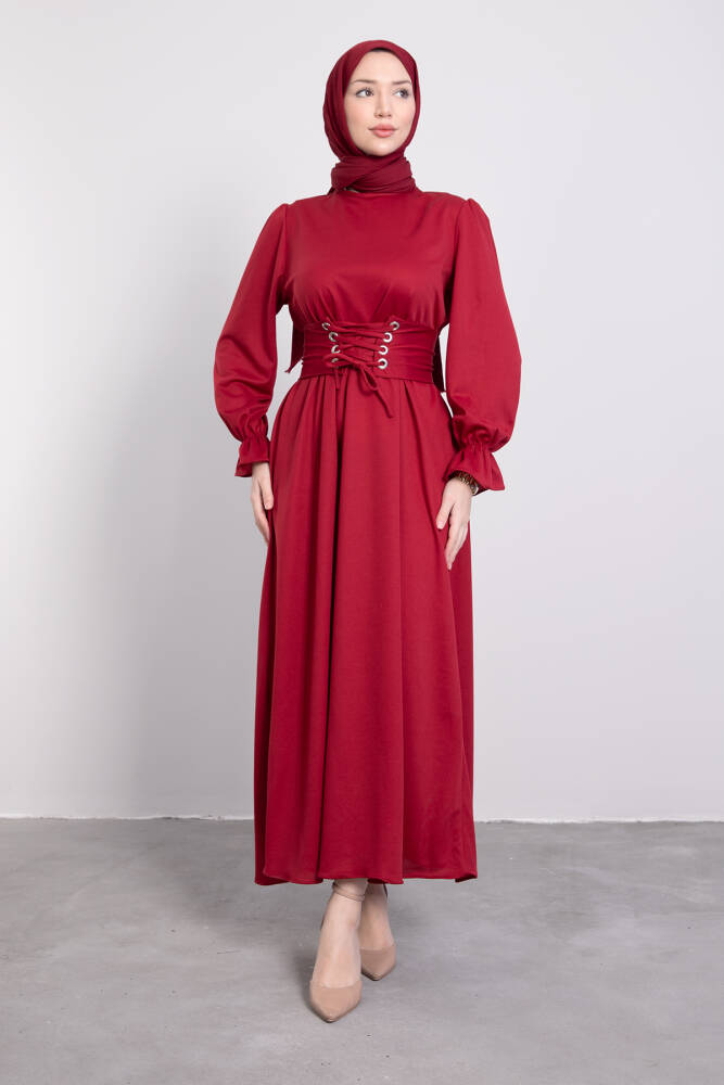Kuş Gözlü Kuşaklı Elbise Bordo 