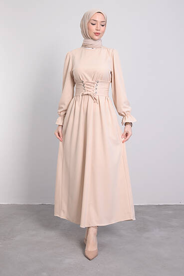 Kuş Gözlü Kuşaklı Elbise Krem 