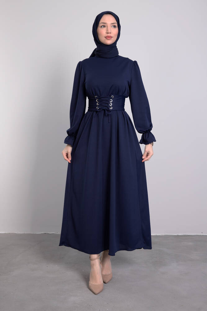 Kuş Gözlü Kuşaklı Elbise Lacivert - LAMİAGİYİM