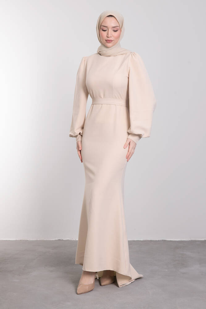 Lavin Krep Elbise Bej - LAMİAGİYİM