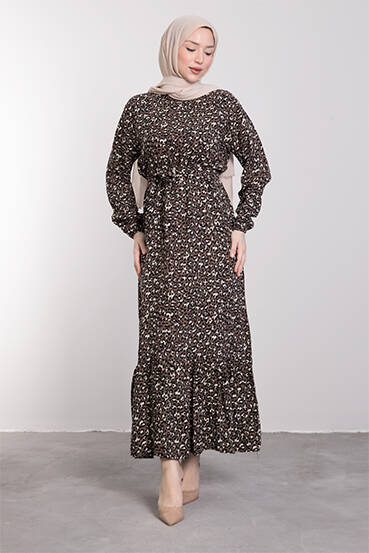 Leopar Desenli Pamuklu Elbise Kahve - LAMİAGİYİM