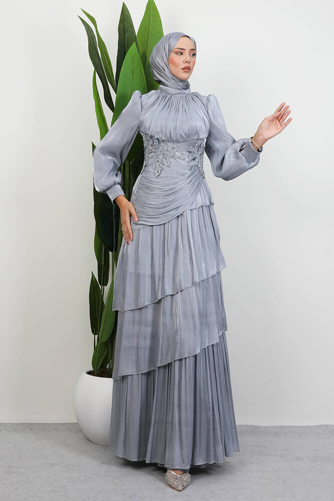 Menekşe Kat Kat Abiye Gri - LAMİAGİYİM