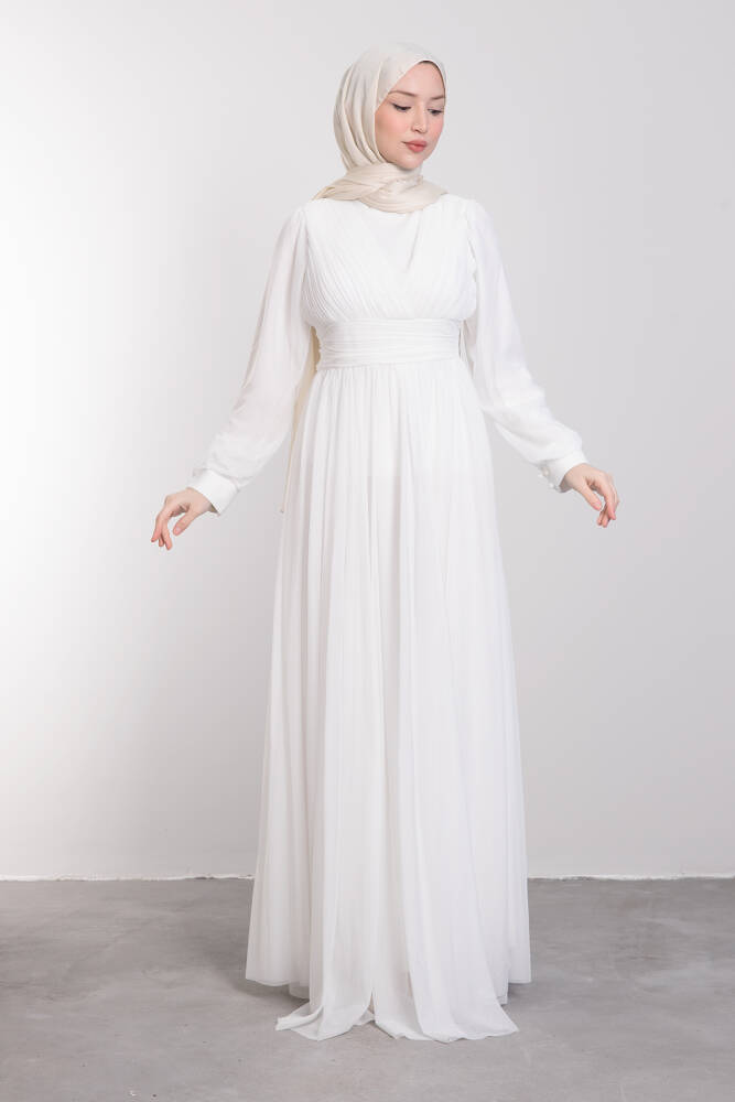 Minimalist Sıralı Piliseli Elbise Beyaz - LAMİAGİYİM