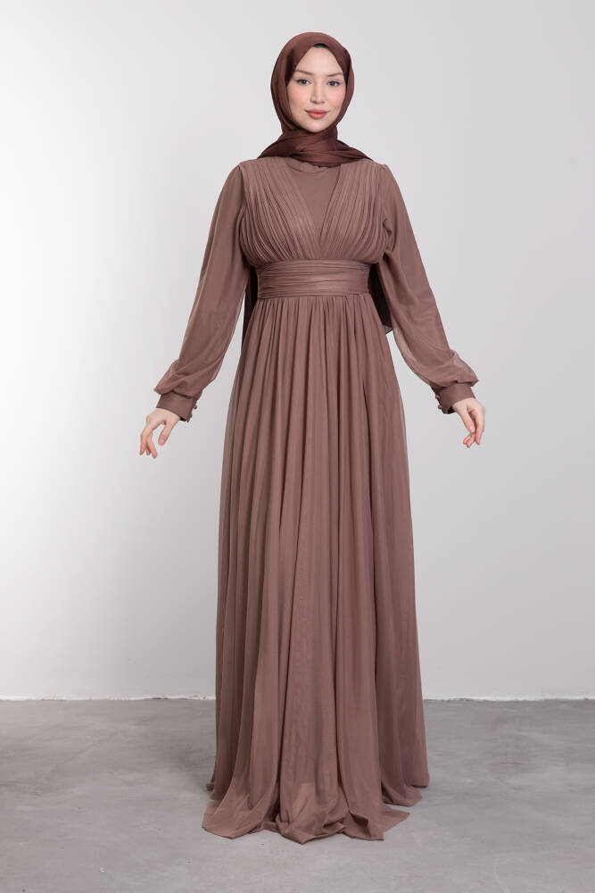 Minimalist Sıralı Piliseli Elbise Sütlükahve - LAMİAGİYİM