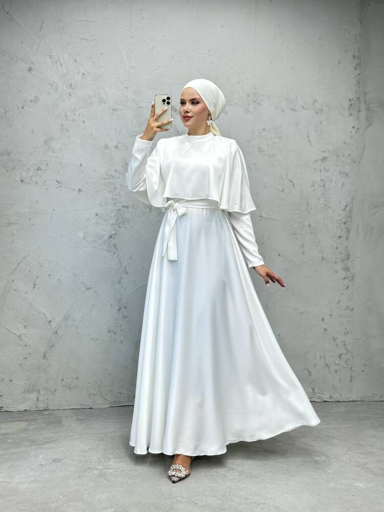 Mona Pelerinli Elbise Beyaz - LAMİAGİYİM