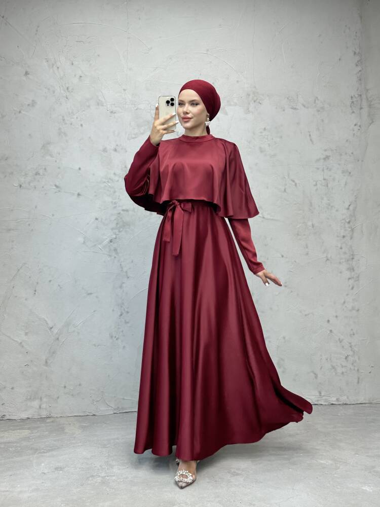 Mona Pelerinli Elbise Bordo - LAMİAGİYİM