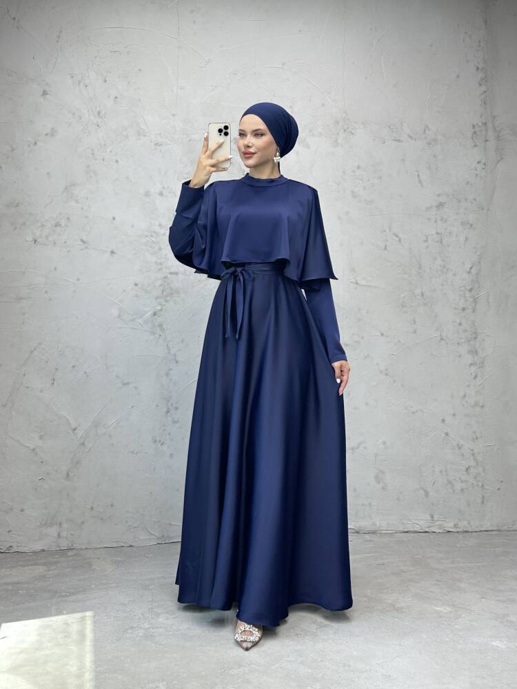 Mona Pelerinli Elbise Lacivert - LAMİAGİYİM