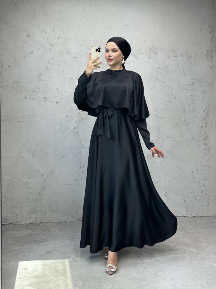 Mona Pelerinli Elbise Siyah - LAMİAGİYİM