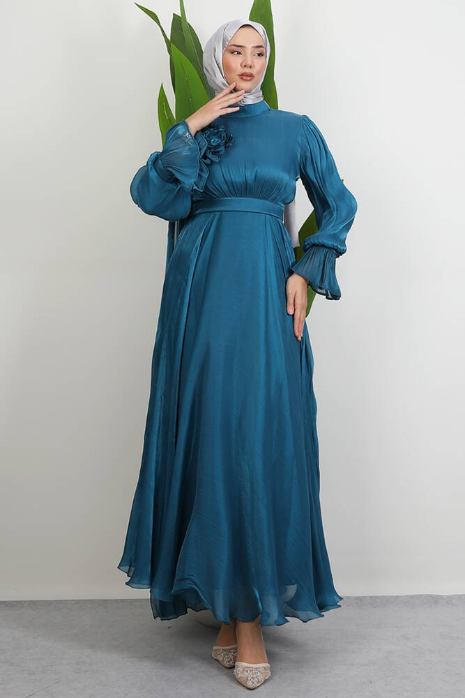 Omuzdan Pelerinli Elbise Petrol - LAMİAGİYİM