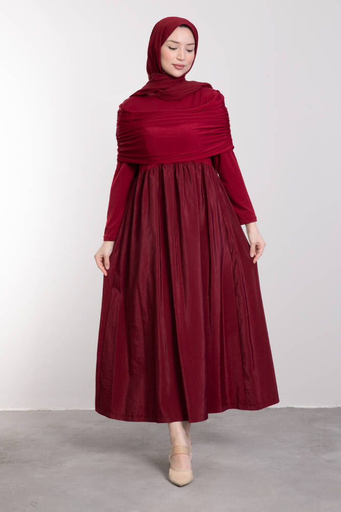 Omuzlarından Parça Büzgülü Elbise Bordo - LAMİAGİYİM