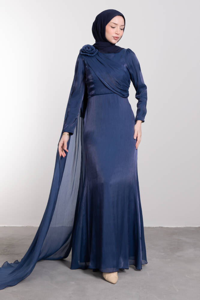 Omzu Çiçekli Tesettür Elbise Lacivert - LAMİAGİYİM