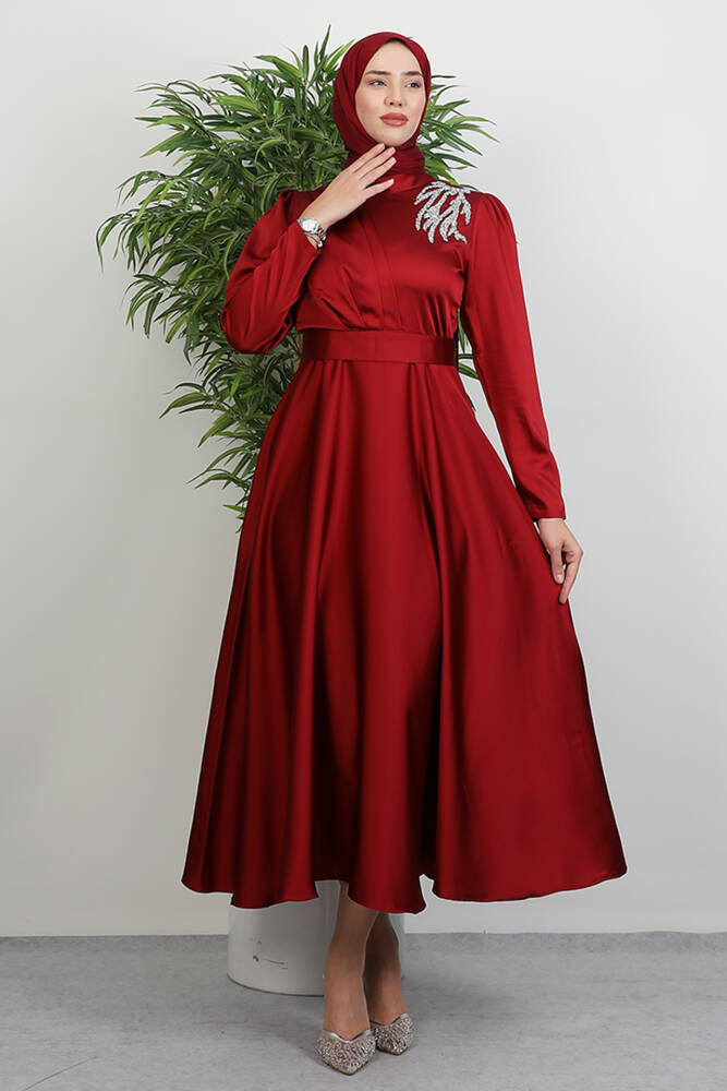 Omzu Taşlı Saten Abiye Bordo 