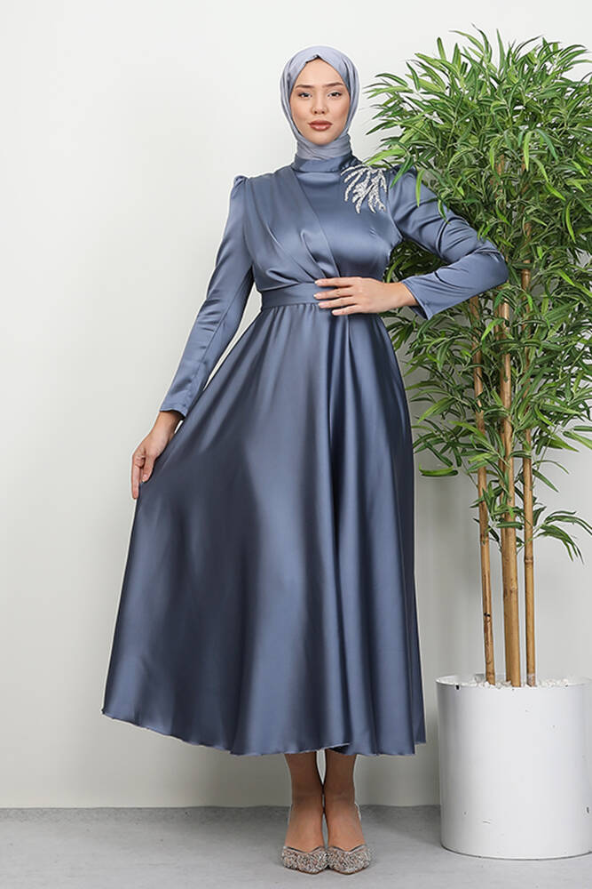 Omzu Taşlı Saten Abiye Gri Mavi - LAMİAGİYİM