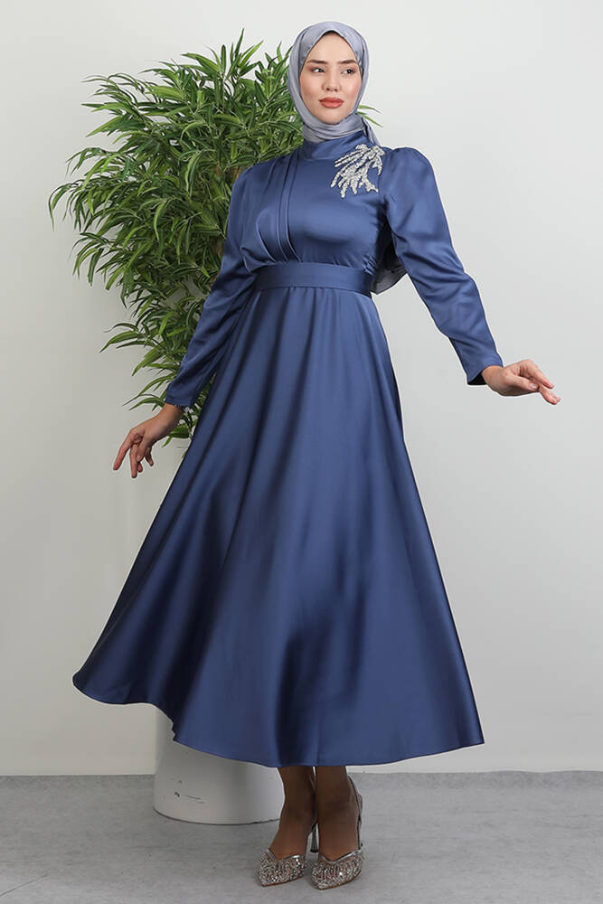 Omzu Taşlı Saten Abiye Koyu İndigo 