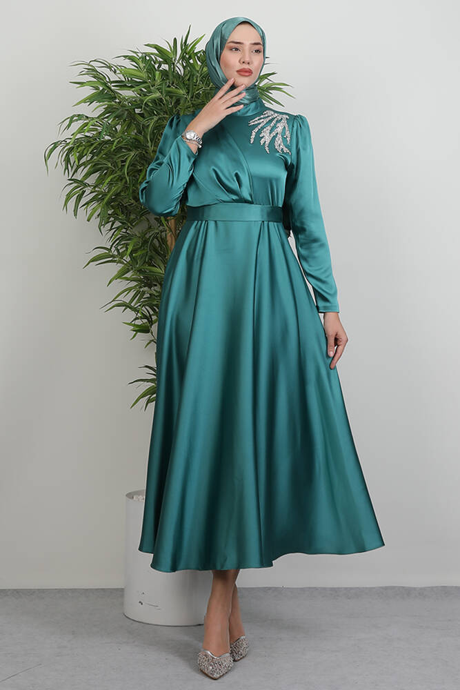 Omzu Taşlı Saten Abiye koyu Mint 