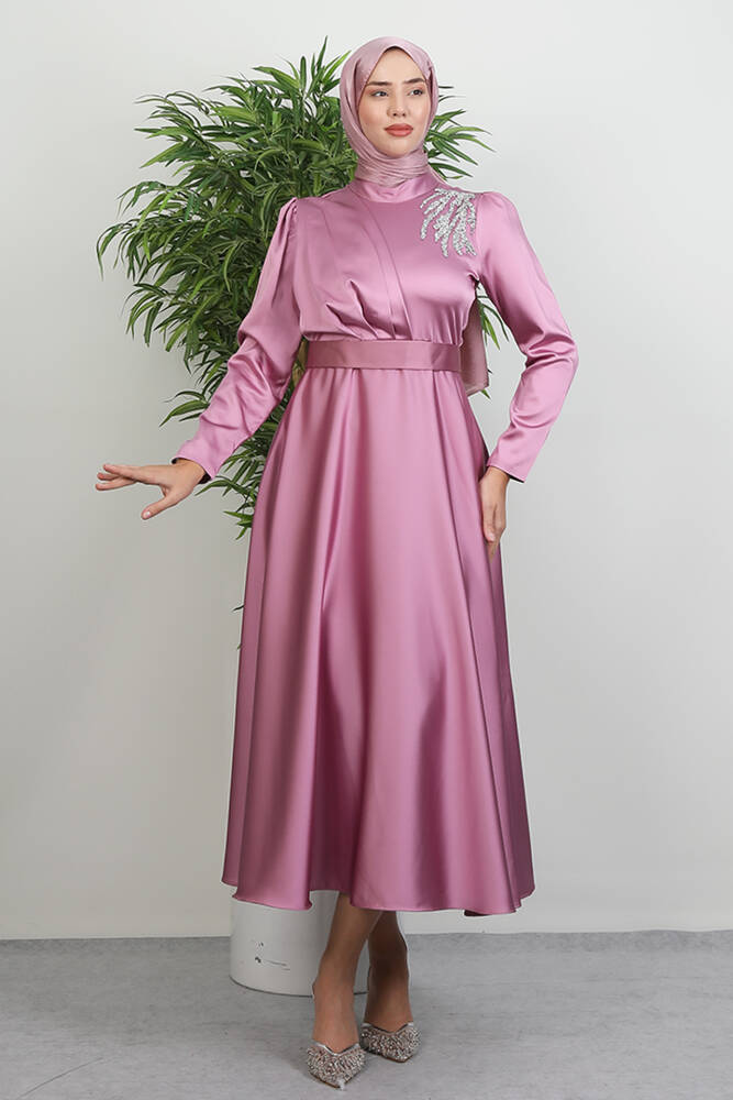 Omzu Taşlı Saten Abiye Koyu Pembe 