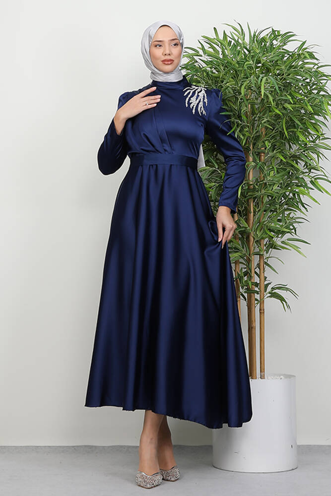 Omzu Taşlı Saten Abiye Lacivert - LAMİAGİYİM