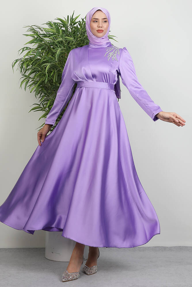 Omzu Taşlı Saten Abiye Lila 