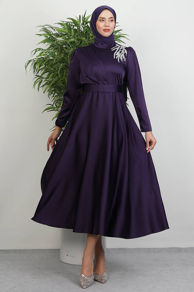 Omzu Taşlı Saten Abiye Mor 