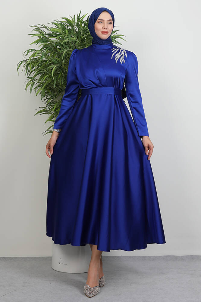 Omzu Taşlı Saten Abiye Saks 