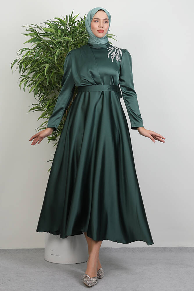 Omzu Taşlı Saten Abiye Yeşil 
