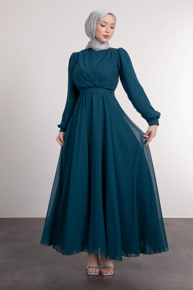 Önü Çapraz Şifon Elbise Petrol 