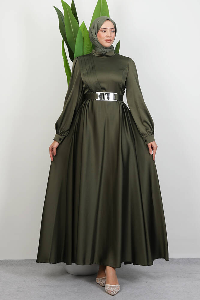 Önü Pileli Tesettür Abiye Açık Haki - LAMİAGİYİM