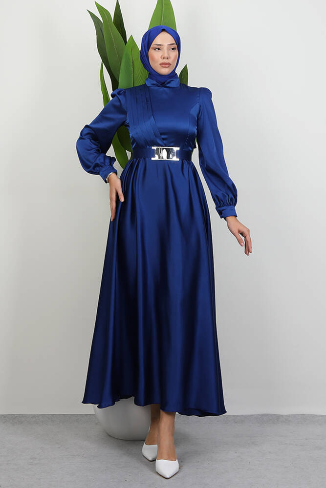 Önü Pileli Tesettür Abiye Gece Mavi - LAMİAGİYİM